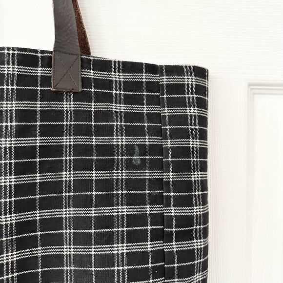 FEED Black White Grid Plaid Brown Leather Strap Tote Bag Nest Artisans - Picture 9 of 11